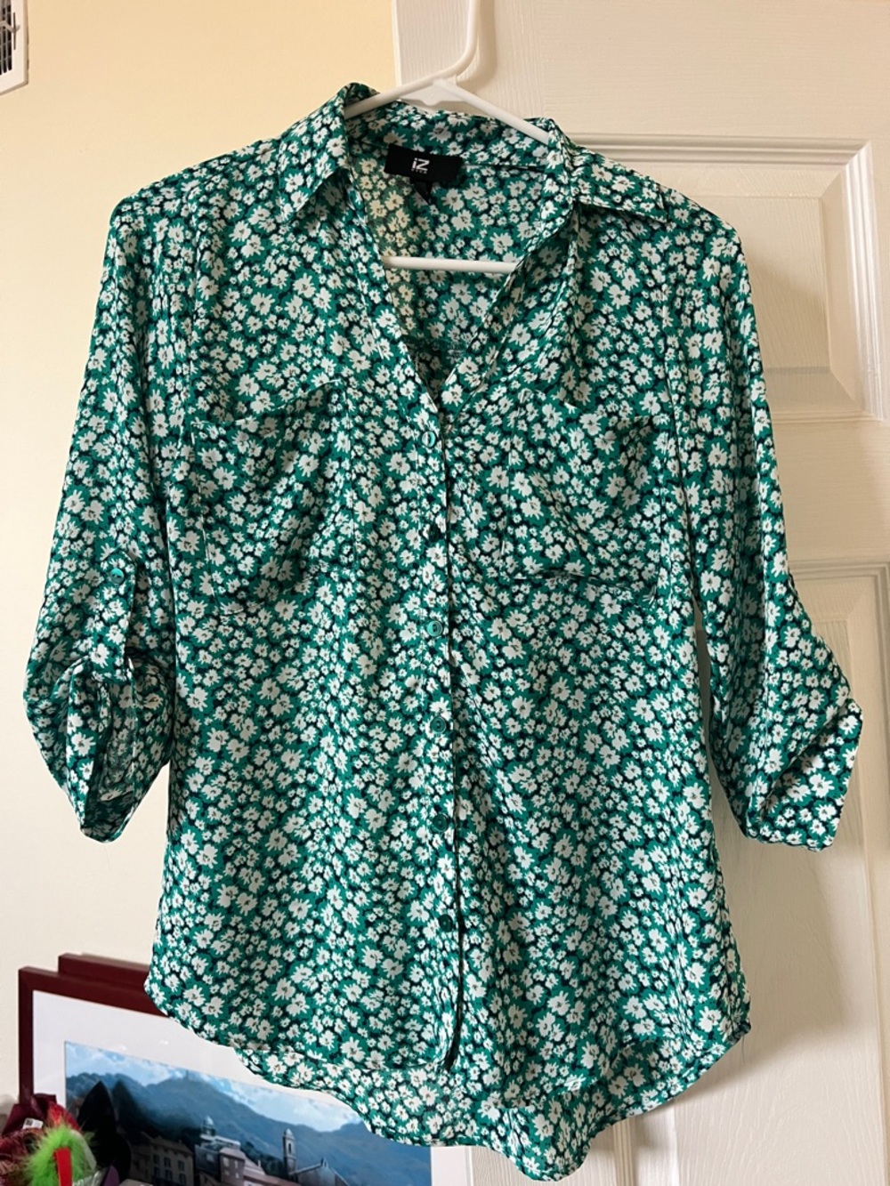 Iz Byer Green Floral Button-Down Shirt with White Daisies